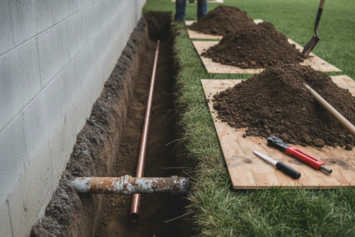 Excavated water line trench during Water Heater Repair in Harmony